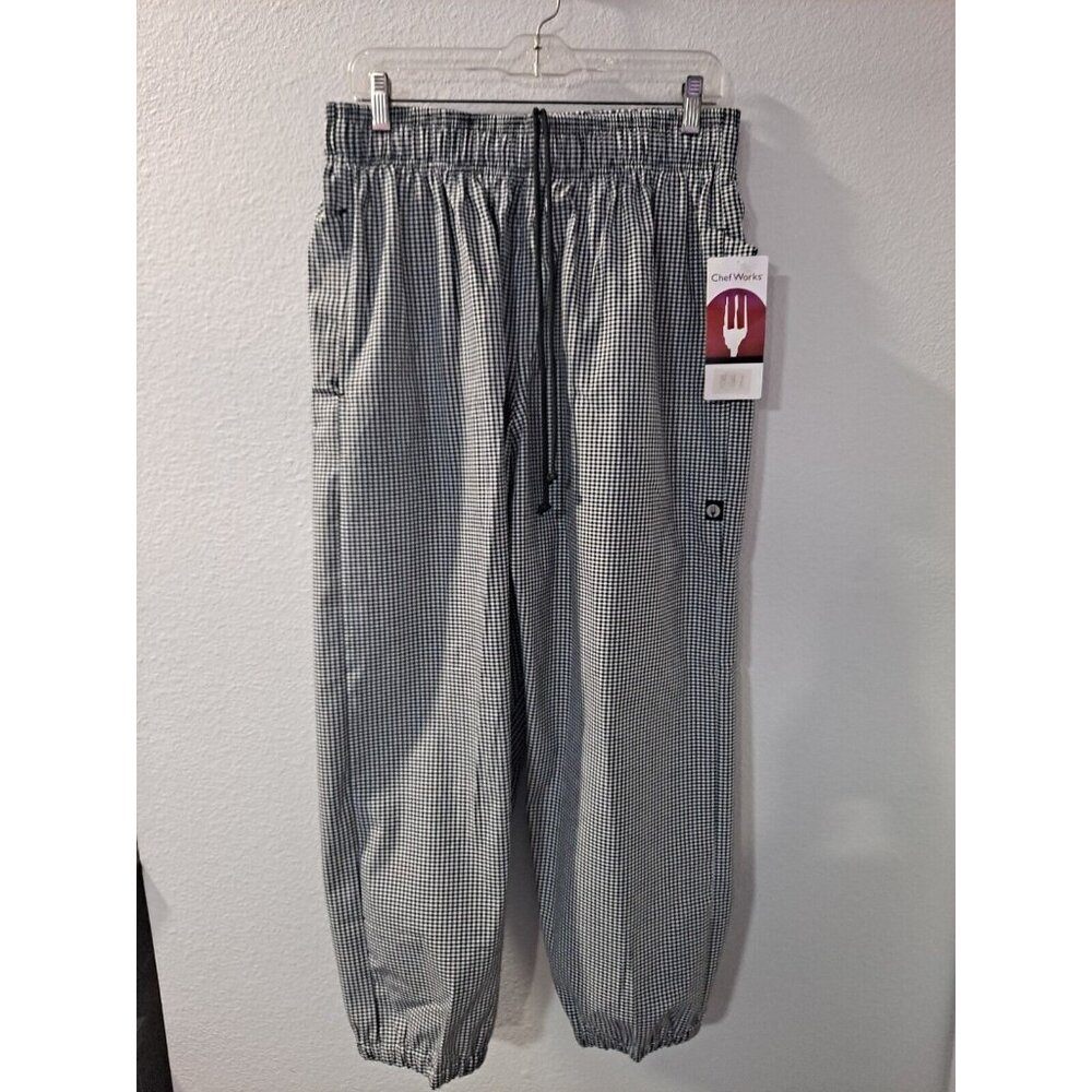 Chef Works Culinary Unisex Elastic Waistband Black White Checked Pants Large NWT